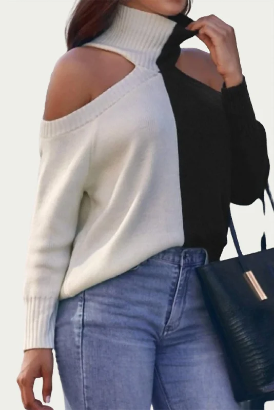 Cold-Shoulder Two-Tone Turtleneck Sweater In Black/white