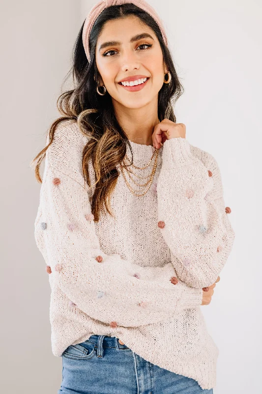 Just Too Sweet Oatmeal White Pompom Sweater