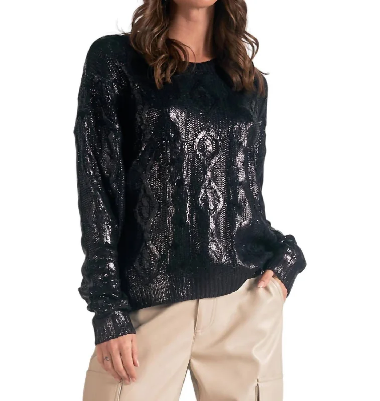 Metallic Cable Sweater In Black