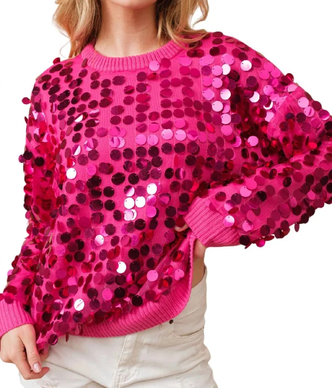 Payette Sequin Crew Neck Sweatshirt In Hot Pink